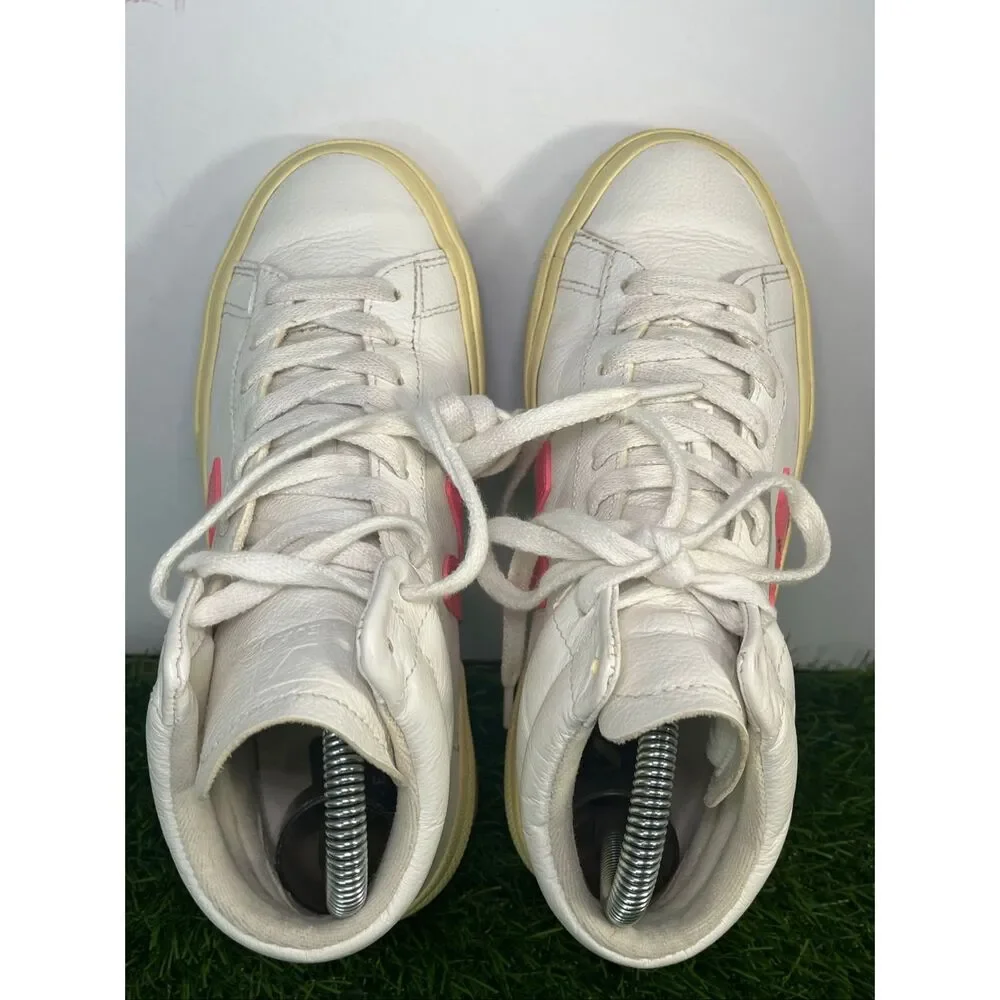 VEJA White Pink Neon High Top Sneakers Women’s Size 6 EU 37 Leather Casual Shoe